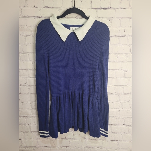 ELLE Ribbed Peplum‎ Blue SWEATER Sz.Medium - Picture 1 of 6